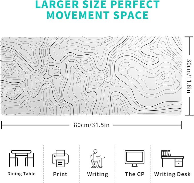 Gaming Mouse Pad Topographic Large Mousepad Keyboard 31.5 x 11.8in for Non-Slip Base and Stitched Edge, Extended Desk Pad XL Desk Mat (White)