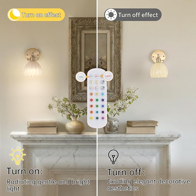 Vintage 5000 mAh Battery Operated Wall Sconce with Cream Tulip Glass Lampshade Rechargeable Battery Powered Wall Light with Remote Control for Bedroom Doorway, Set of 2
