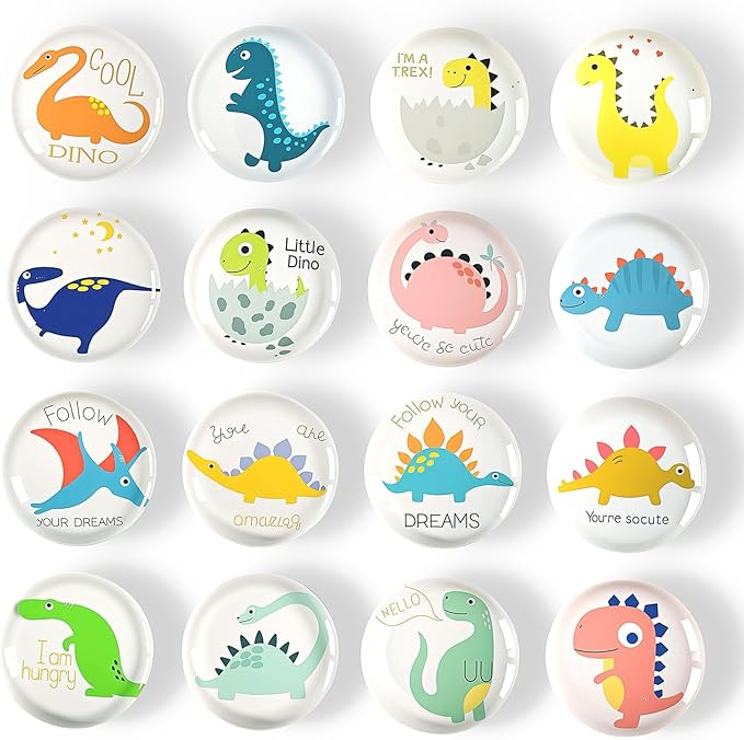 Cute Fridge Magnets, Round Crystal Glass Refrigerator Magnetic for Kitchen & Office Whiteboard Locker Accessories (16Pcs Dinosaur)