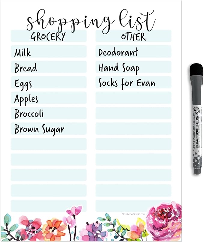 Dry Erase Shopping List Vinyl Sticker Decal Whiteboard by Glassboard Studio | Removable & Reusable | Magnetic Fine-Tip Marker Included (9 x 12 inches, Floral)