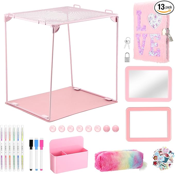 abcGoodefg 25 PCS Pink School Locker Accessories Kit for Girls with Locker Shelf Include Magnetic Mirror and Whiteboard Pen Holder Marker Rug Magnets Fur Pencil Bag and Secret Notebook