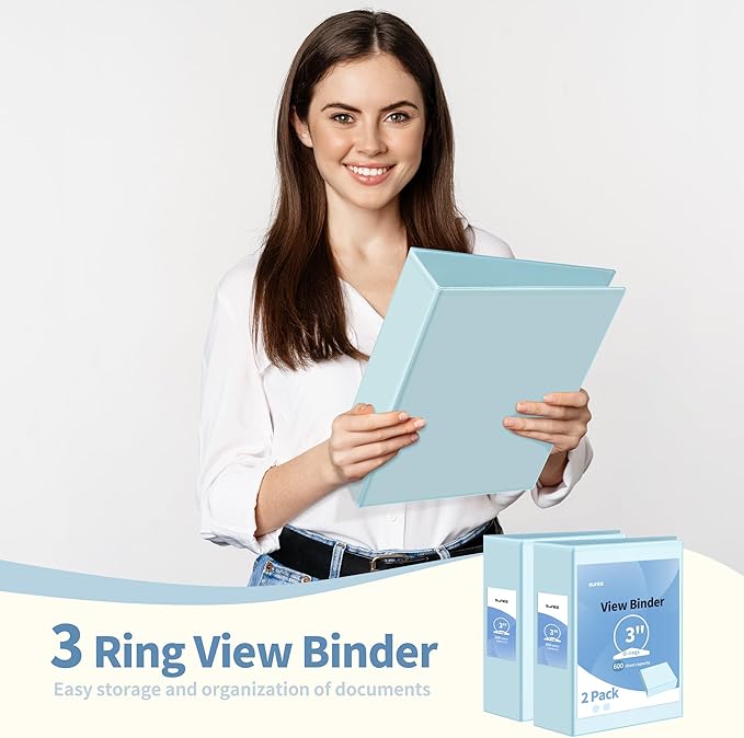 SUNEE 3 Ring Binder 3 Inch 2 Pack, Clear View Binder Three Ring PVC-Free (Fit 8.5x11 Inches) for School or Office Supplies, Blue