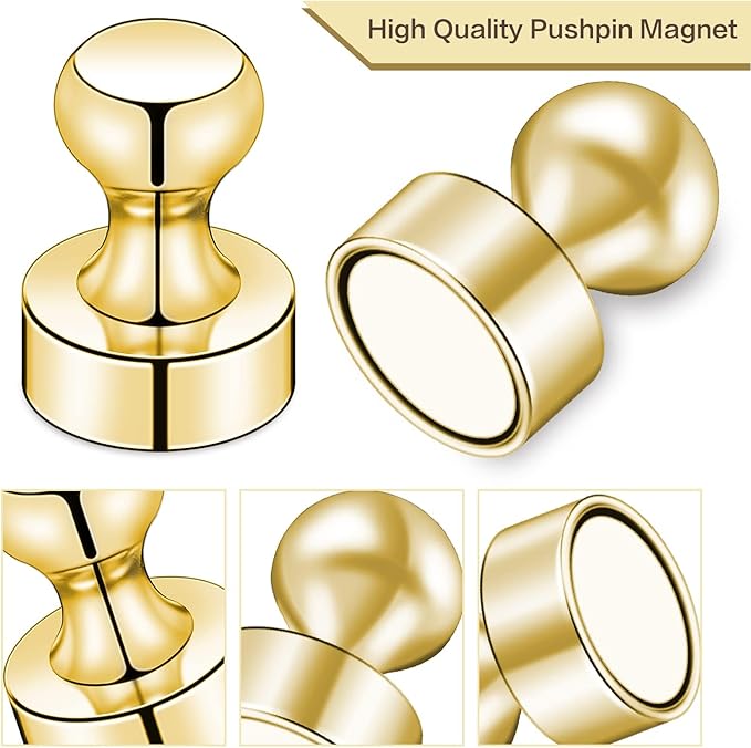 LOVIMAG Refrigerator Magnets, Fridge Magnets, Strong Whiteboard Magnet, Gold 50 Pcs Magnetic Push Pins, Strong Metal Magnet for Fridge, Whiteboard, Office, Classroom, Map, Kitchen