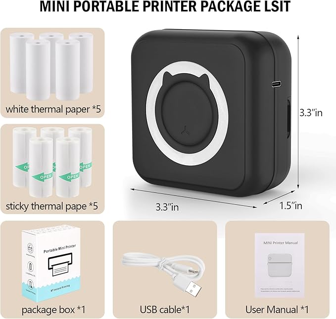 Mini Photo Printer - Portable Pocket Sticker Printers for iPhone Thermal Printer with 10 Rolls Thermal Paper for Photo, Memo, Journal - Black