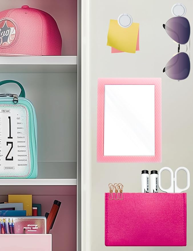 Magnetic Locker Accessories Kit - 5pcs With Mirror, Dry Erase Board, Pen Holder, Magnets for School, Refrigerator, Office Cabinet (Pink)