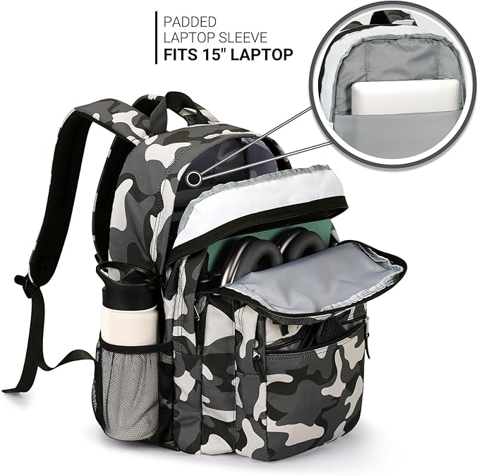 ZORFIN 26L Backpack for School, College, and Travel: Water Resistant Bookbag with 8 Compartments - Camo Black