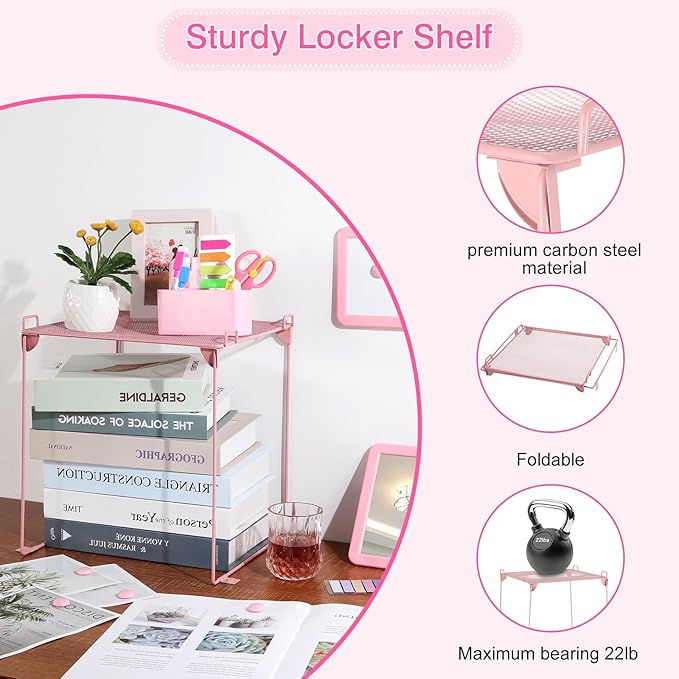 Pink locker accessories kit, locker decorations for girls, cute locker set includes locker shelf, magnetic locker mirror and whiteboard, pen holder, markers and magnets