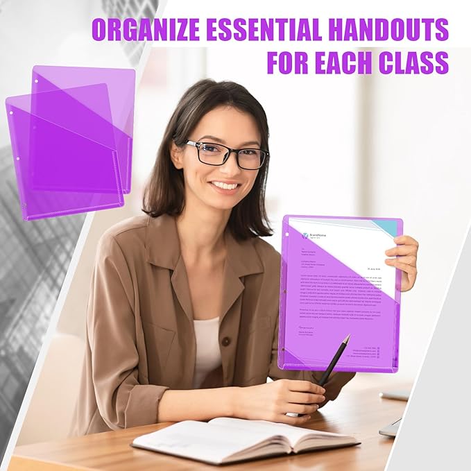 Seajan 48 Pcs Pocket Folders for 3 Ring Binder Clear Plastic Folders Sleeves with 2 Pockets 3 Hole Punch Binder Dividers Poly Slash File Jackets for Office School Document Organizer (Purple)