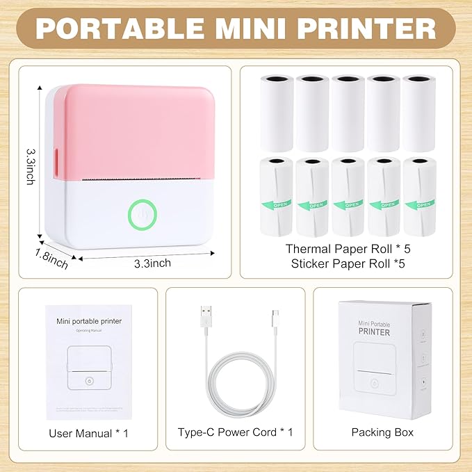 Print Pods Mini Printer, Thermal Inkless Sticker Maker with 10 Rolls Printing Paper, Pocket Printpod for phone, Impresora Portátil for Notes, Flashcards, Journal, DIY, Compatible with iOS & Android