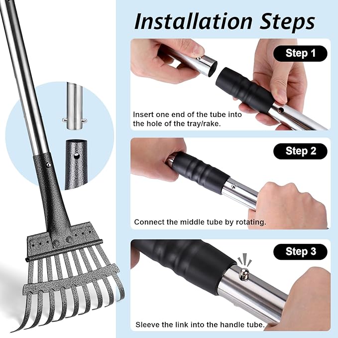 BABORUI Metal Chicken Poop Scooper Kit – Adjustable Height 15"-38", Heavy-Duty Rake & Shovel Set for Chicken Coop Cleaning, Detachable Stainless Steel Poop Shovel for Chicken Coop Accessories
