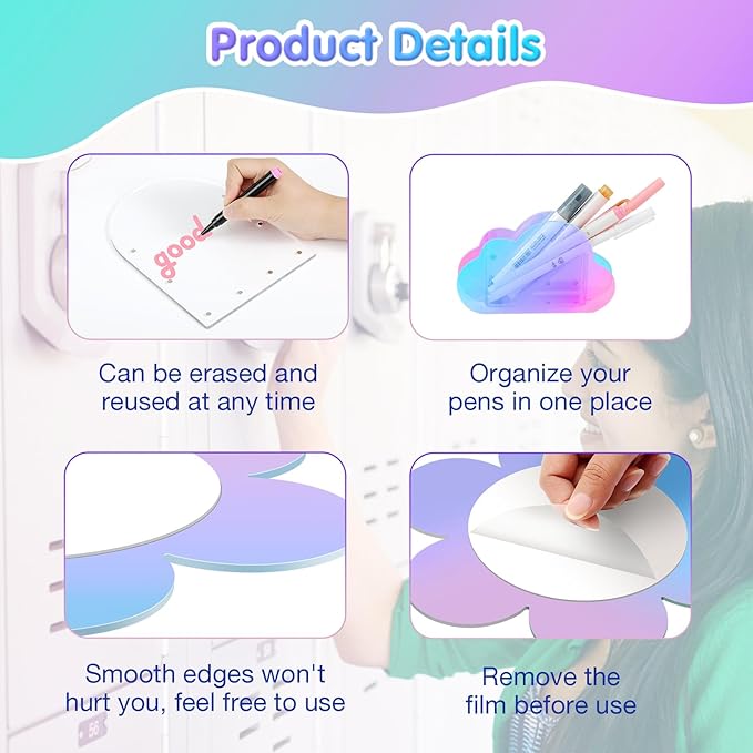 MoKo Locker Accessories Set, 5 in 1 Back to School Supplies College Essentials Includes Magnetic Acrylic Board, Locker Mirror, Markers Holder, Marker Pens and Locker Magnets, Flower
