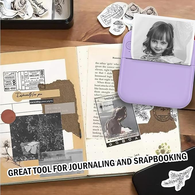 Mini Photo Printer - Portable Pocket Sticker Printers for iPhone Thermal Printer with 10 Rolls Thermal Paper for Photo, Memo, Journal - Purple