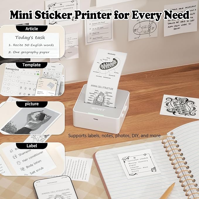 S2 Sticker Printer, PrintPods Mini Printer, Bluetooth Portable Sticker Maker with 1 Roll Paper, Print Pod Inkless Thermal Printers for iPhone, Impresora Portátil for Notes, Journal, DIY, Kids Gift
