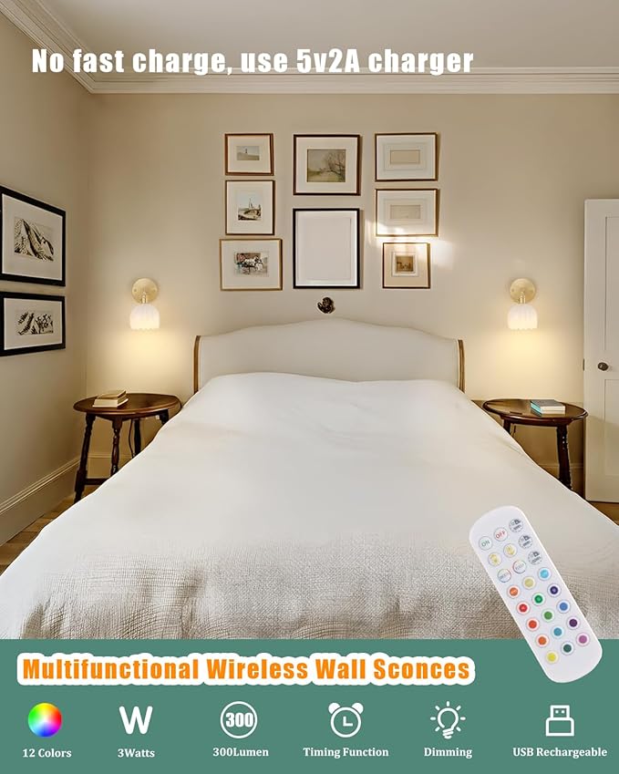 Vintage Battery Operated Wall Sconce with White Tulip Glass Lampshade 5000 mAh Rechargeable Battery Powered Wall Light with Remote Control for Bedside Bedroom Doorway, Set of 2