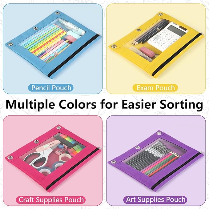 Forvencer 6Pack Pencil Pouches for 3 Ring Binder, Smooth Zipper 3 Ring Binder Pencil Pouch, Multi-Color Pencil Case for Binder, Clear Top Binder Pencil Pouch, Pencil Bag with 3 Re-enforced Grommets