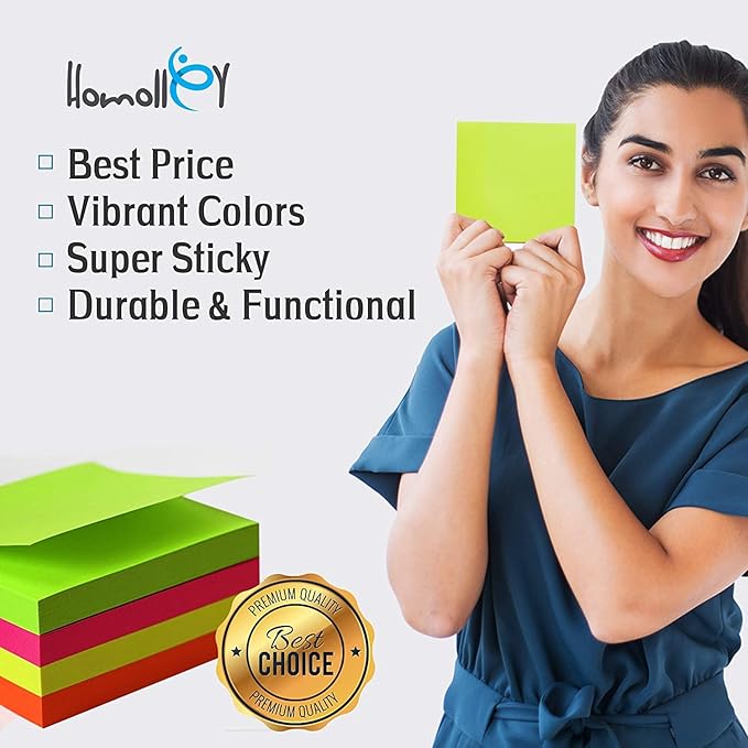 (12 Pads) Sticky Notes 3x3 in 100 Sheets/Pad, Self-Sticky Note Pads, 6 Bright Colors Super Sticky Pads - Easy to Post for School, Office Supplies, Desk Accessories