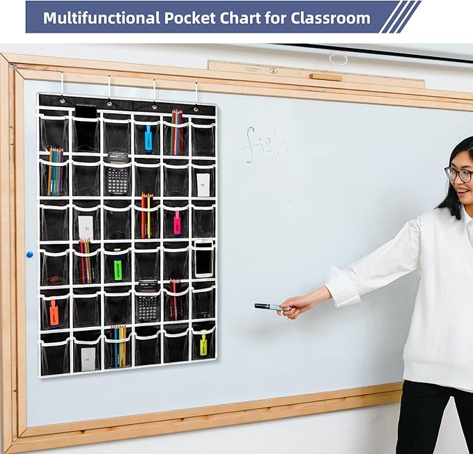 36 Clear Pockets Classroom Pocket Chart for Cell Phones,Pocket Chart Organizer for Calculator Holder with 36 Number Sticker Classroom Hanging Cell Phones Organizer (Black)