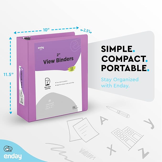 3 Slant D-Ring Binder 2 Inch Binder Purple, 2 in Clear View Cover w/ 2 Inside Pockets, Heavy Duty Colored School Supplies Binders Also Available in Blue, Pink, Red, Green, Grey (24 PC)–by Enday