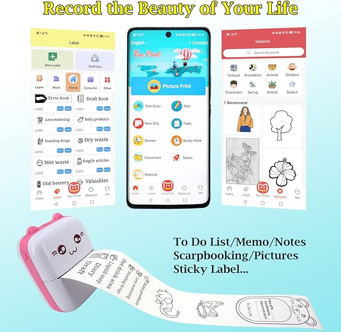 Mini Pocket Printer, Portable Thermal Printer with 8 Rolls Printing Paper, Bluetooth Wireless Tiny Printer for Photos/Stickers/Labels/Notes/Receipts, Compatible with iOS and Android, Pink