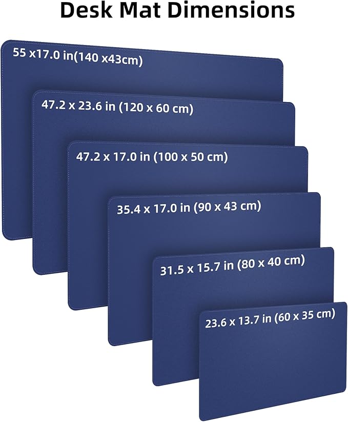 Extra Large Desk Pad Mat - Waterproof Mouse Pad & Desk Protector, Non-Slip XXL PU Leather Gaming Mat for Keyboard/Mouse, Stitched Edge with Ergonomic Support, 55"x24" (Blue)