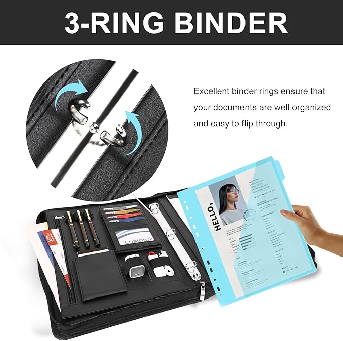 Leathario 3-Ring Portfolio Binder, Includes 5 Folder Index Dividers, 13 Inch Tablets Organizer with Handle, Vegan Leather A4 Padfolio, Multi-Pocket Notepad Business Planner Professional Document
