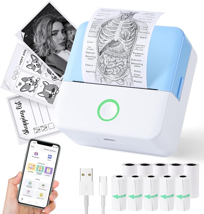 Print Pods Mini Printer, Thermal Inkless Sticker Maker with 10 Rolls Printing Paper, Pocket Printpod for phone, Impresora Portátil for Notes, Flashcards, Journal, DIY, Compatible with iOS & Android