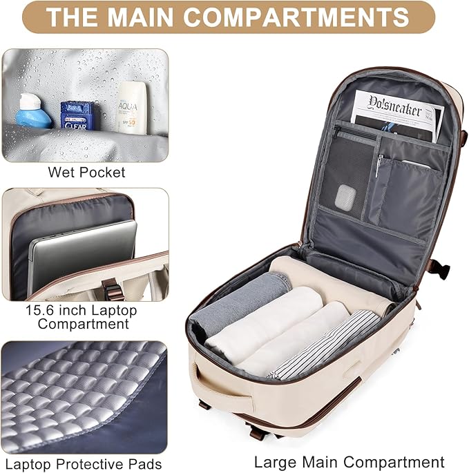 coofay Large Travel Backpack Carry on Flight Approved Mochila De Viaje Personal Item Travel Bag Backpacks for Men Women Carry on Backpack for Airplanes 18x14x8 Inches Travel Bag Beige with Brown
