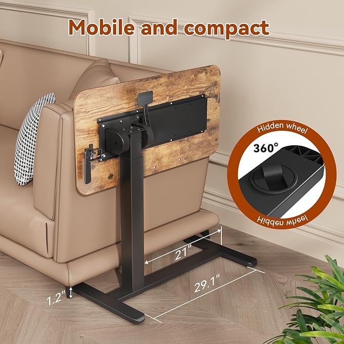 Mobile Standing Desk, Height Adjustable Left/Right Overbed Bedside Table, 90° Tiltable Portable Laptop Desk with Wheels, Foldable Computer Cart for Hospital Home Use, Rustic Brown