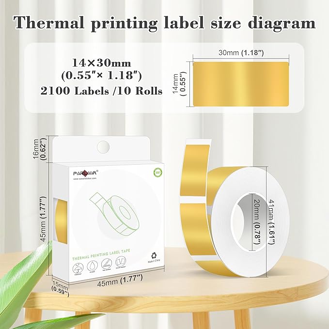 PARLAIM Label Maker Tape,Thermal Label 0.55"X1.18",Thermal Sticker Compatible with D30 Label Printer,Self-Adhesive Sticker Tape for for Home Office Small Business,2100Labels/10Rolls(Gold)