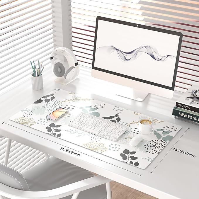 QIYI Large Mouse Pad, Extended Desk Mat for Desktop, PU Leather Waterproof Gaming Mousepad, Computer Desk Accessories Protector Writing Pads for School Office Home 31.5" x 15.7" - Floral Outlines