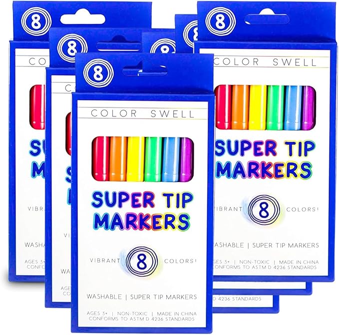 Color Swell Super Tip Markers 6 Boxes of 8 Washable Vibrant Colors (48 Total) Perfect Bulk Marker Pack for Kids, Parties, Classrooms
