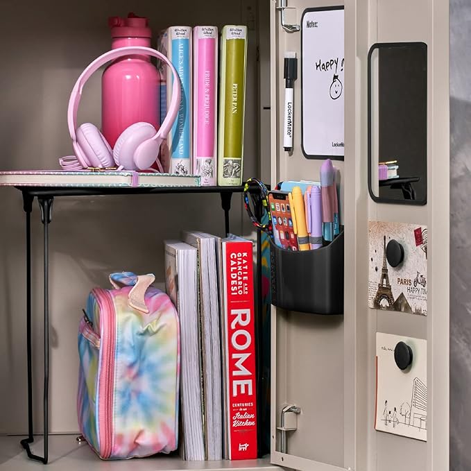LockerMate 7-Piece Locker Organizer Kit, Includes Locker Shelf, Mirror, Whiteboard, Storage Cup & Dry Erase Marker - Black