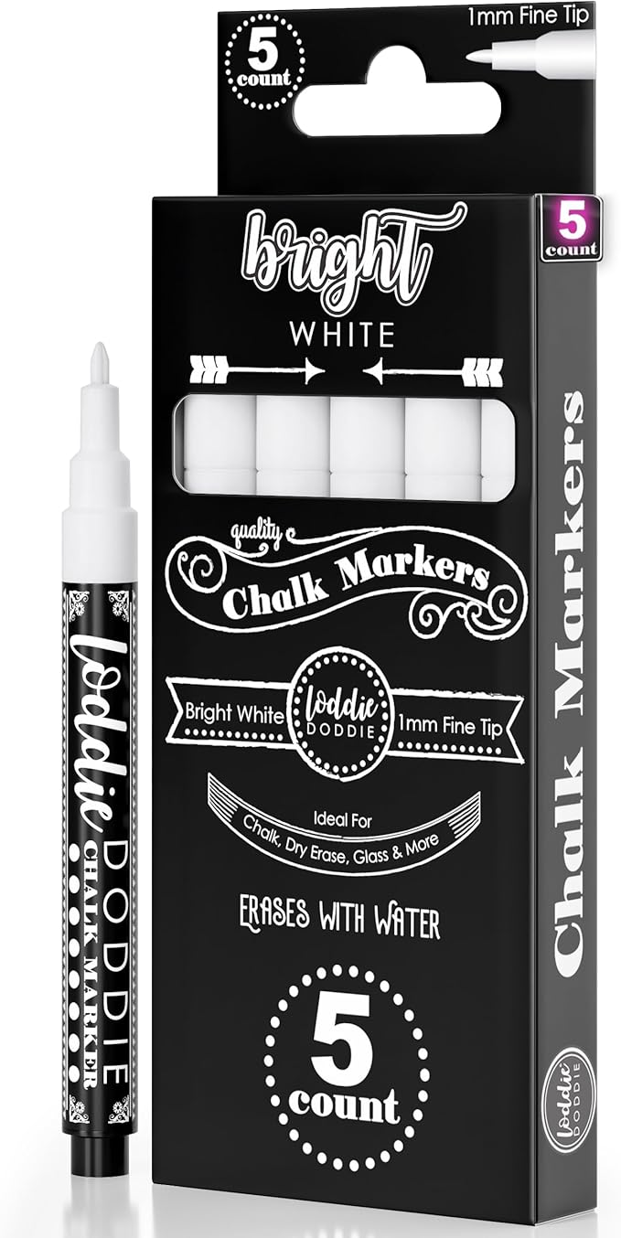 Loddie Doddie Liquid Chalk Markers for Chalkboard - 5 Pack, 1 mm Point, White - Erasable & Low-Odor Non-Toxic Ink - Chalk Pen & Window Markers for Glass