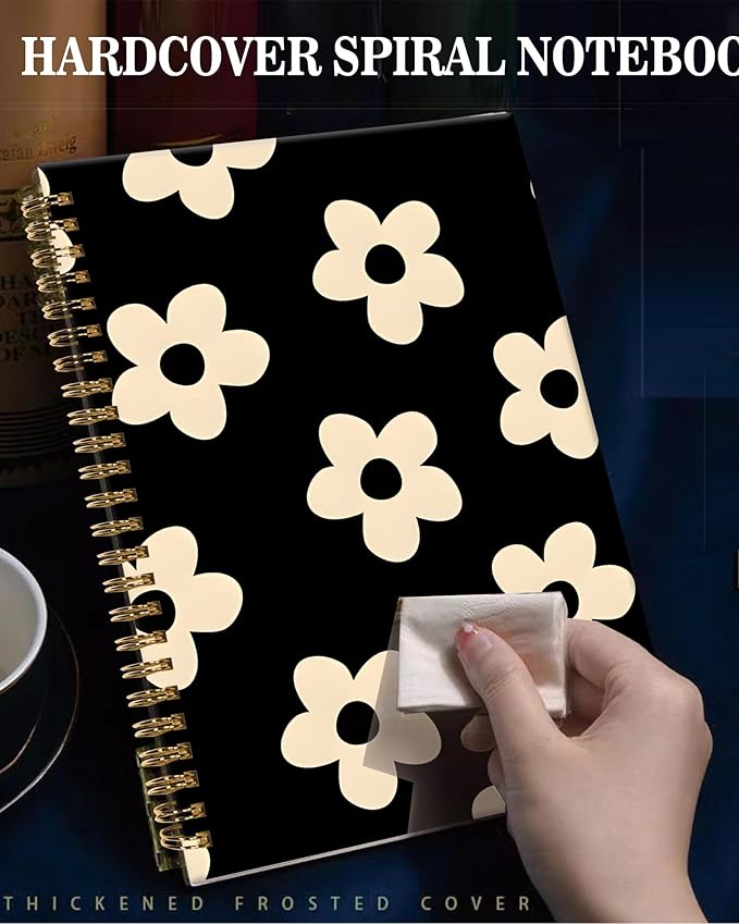 Spiral Journal Notebook,A5 Hardcover Lined Journals for Women Girl 6 x 8.3 in,120 Pages Thick Paper,Cute College Ruled Writing Notebook for Gifts Office Work School(Cute Black Flower)