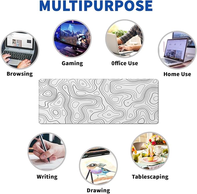 Topographic Contour Gaming Mouse Pad White Large Mouse Pad for Keyboard and Mousepad Desk Mat with 3mm Non-Slip Base and Stitched Edge for Gaming and Office Computer Mat Protector Mat 31.5x11.8 Inch