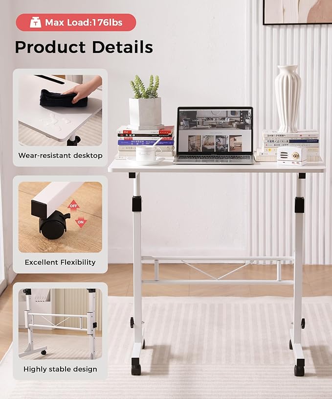 KLSMYHOKI Standing Desk Adjustable Height, Mobile Stand Up Desk with Wheels Small Computer Desk Rolling Desks, Portable Laptop Desk White Standing Table Home Office Desks 16"x31.5" Height 27"-43.5"