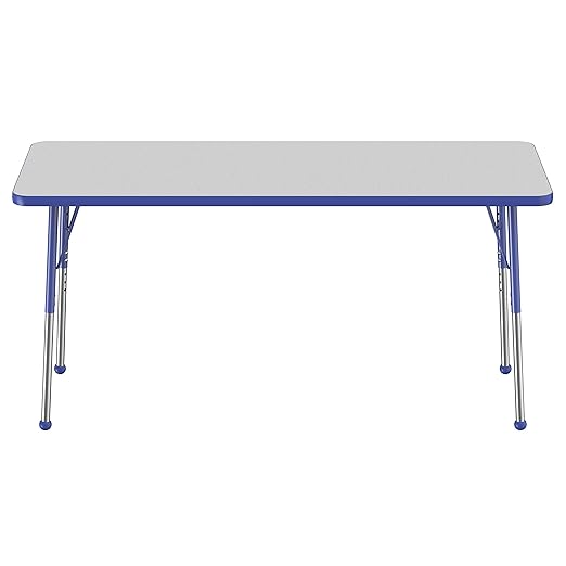 FDP Rectangle Activity School and Office Table (24 x 60 inch), Standard Legs with Ball Glides, Adjustable Height 19-30 inches - Gray Top and Blue Edge