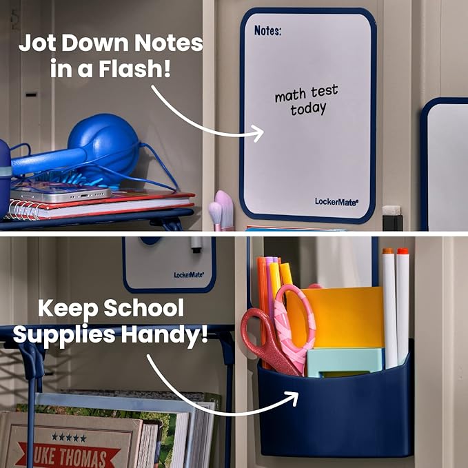 LockerMate 7-Piece Locker Organizer Kit, Includes Locker Shelf, Mirror, Whiteboard, Storage Cup & Dry Erase Marker, Blue