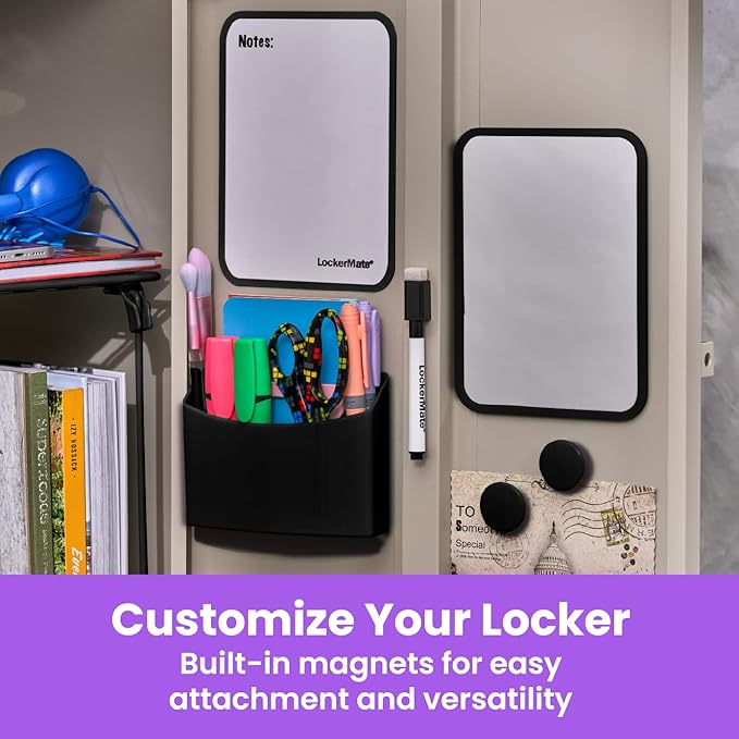 LockerMate 7-Piece Locker Organizer Kit, Includes Locker Shelf, Mirror, Whiteboard, Storage Cup & Dry Erase Marker - Black
