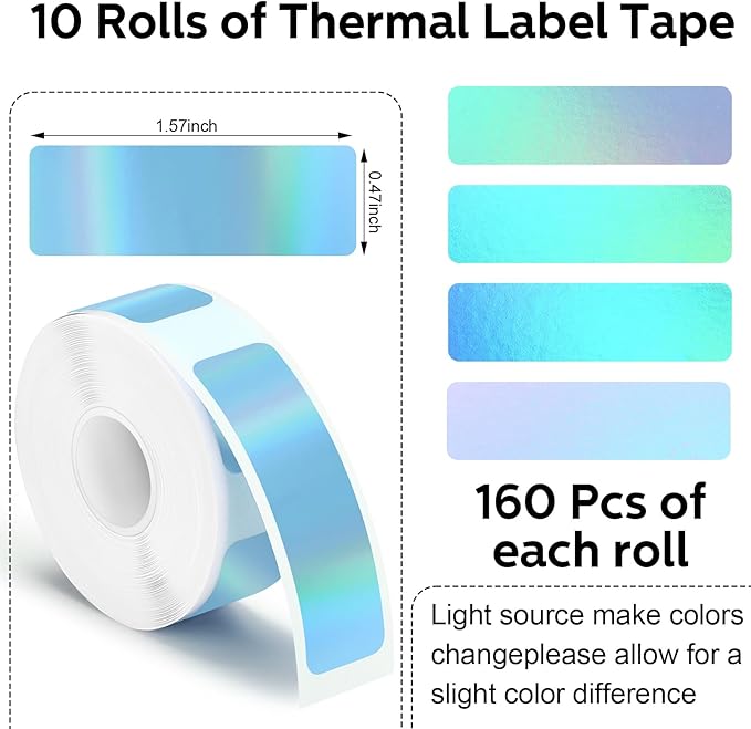 1600 Pcs Label Tapes 12 x 40 mm Laminated Stickers Replacement Compatible with D30 Portable Label Paper Printer Tapes for Office 160 Pcs/Roll (Laser Blue)