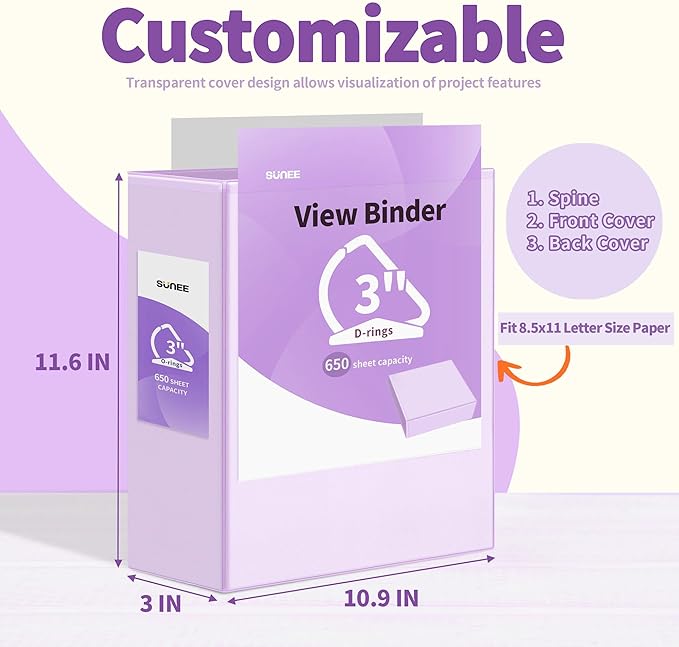 SUNEE 3 Ring Binder 3 Inch D Ring, Clear View Binder Three Ring PVC-Free (Fit 8.5x11 Inches) for School or Office Supplies, Purple, 2 Pack