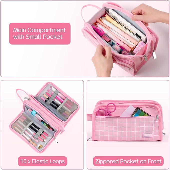 Sooez Large Pencil Case, Big Capacity Pencil Pouch Pen Bag with 3 Compartment, Portable Canvas Stationery Organizer with Zipper, Cute Aesthetic School Supplies for Teen Girls College, Pure Purple