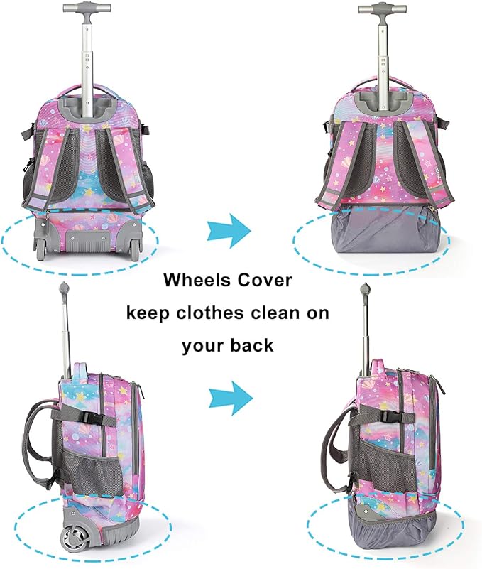 Tilami Rolling Backpack 19 inch with Lunch Bag Wheeled Laptop Backpack (Tail Pink)