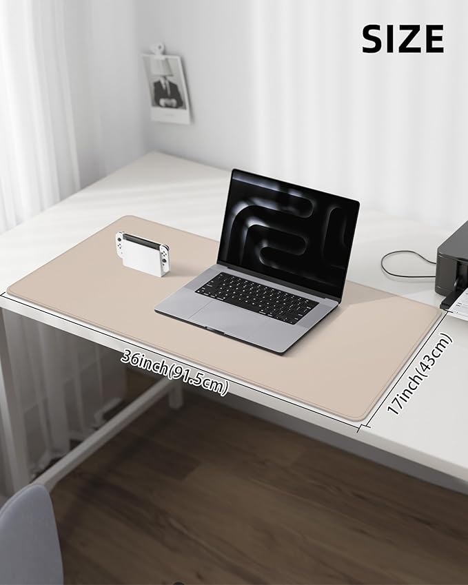 Large Desk Mouse Pad Protector, Stitched Locking Edge Non-Slip PU Leather Desk Mat Laptop Table Pad Blotter, Waterproof Durable Writing Pad for Office and Home (Beige, 90 x 43cm)