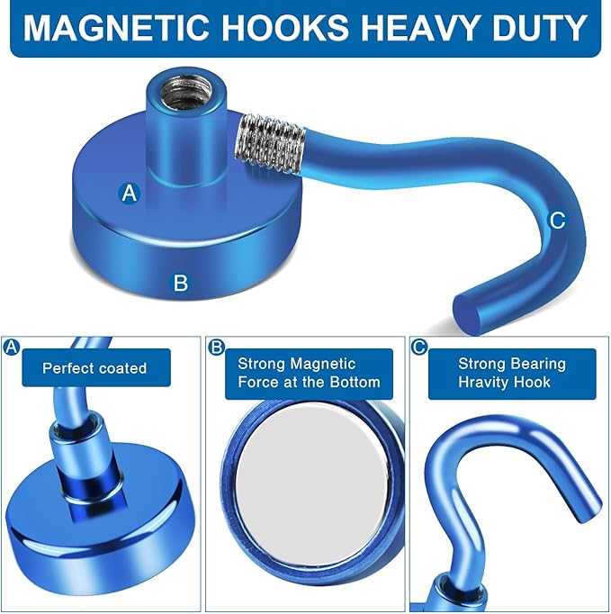 LOVIMAG Magnetic Hooks for Cruise Cabins, 40lbs Blue Magnetic Hooks for Classroom, Strong Magnets with Hooks for Hanging, Neodymium Magnet Hooks for Fridge, Ceiling, Locker, Camper, Travel-25 Pcs
