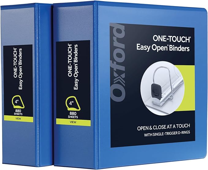 Oxford 3 Ring Binders, Durable Binders for School and Office, 4 Inch, ONE-Touch Easy Open D Rings, View Binder Covers, 4 Interior Pockets, PVC-Free, Holds 880 Sheets, Blue, 2 Pack (79922)