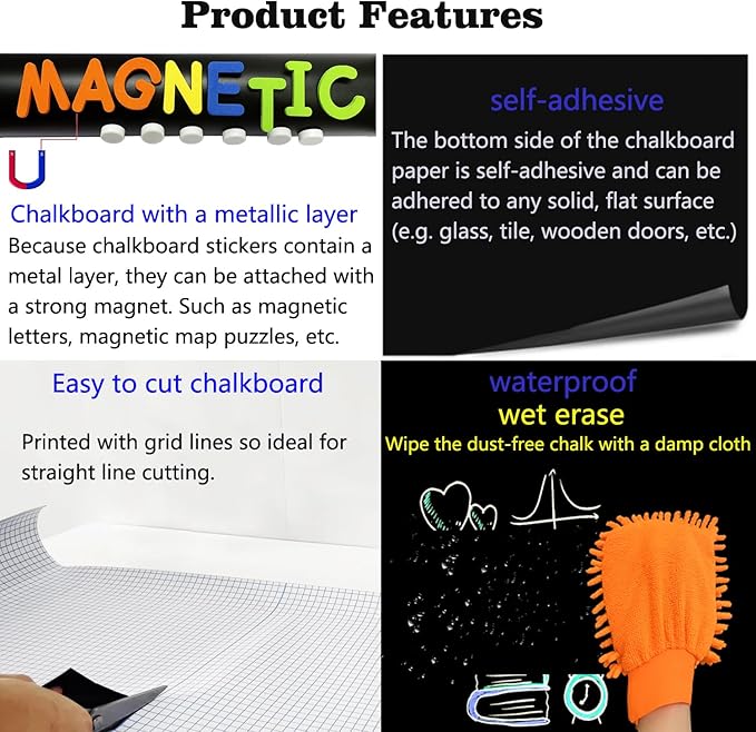 Magnetic Chalkboard Contact Paper for Wall 46.3"x18" Self Adhesive Magnetic Wall Board Sticker with 36 Magnet Letters for Kids Black Chalk Board Wallpaper Roll