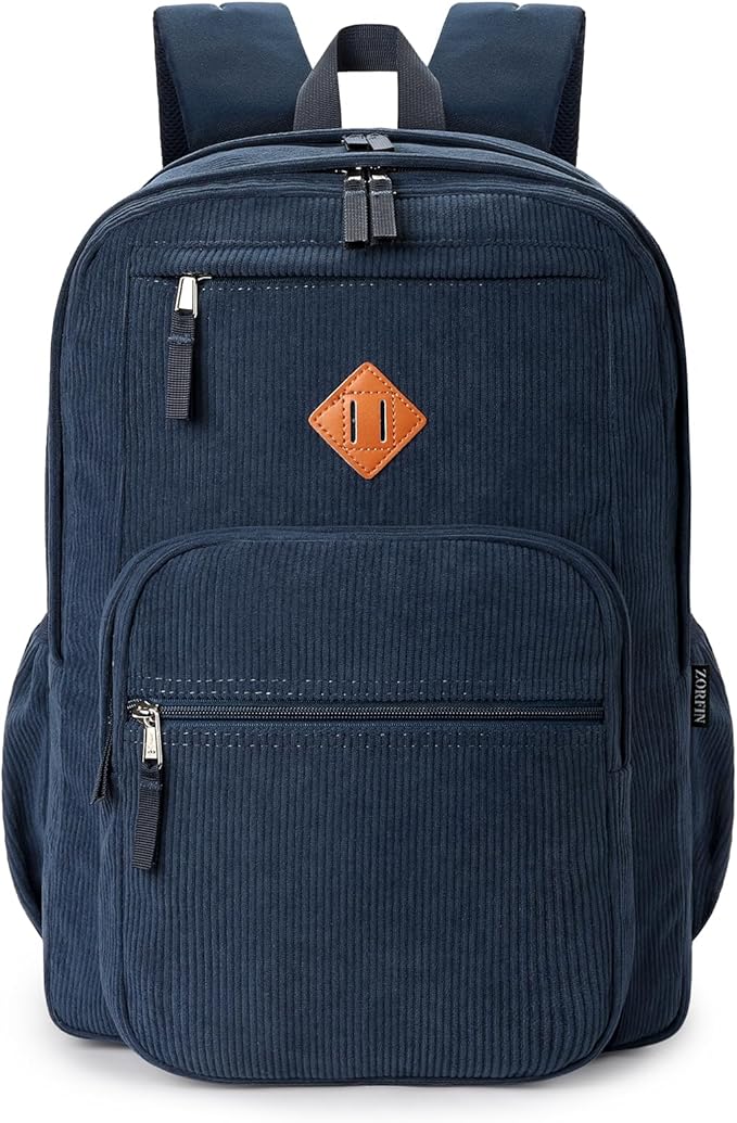 ZORFIN 26L Backpack for School, College, and Travel: Corduroy Bookbag with 8 Compartments - Midnight Blue