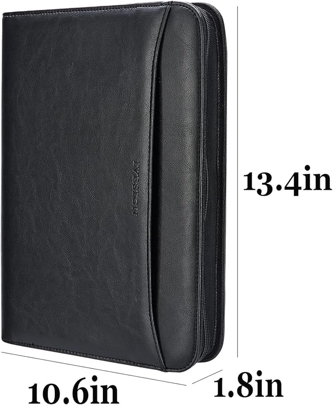 IVESIGN Zippered Padfolio Binder, Faux Leather Organizer with 3-Ring Binder, Left-Handed Design, Business Card Slots & Document Folders - Professional Padfolio for Office (Black)