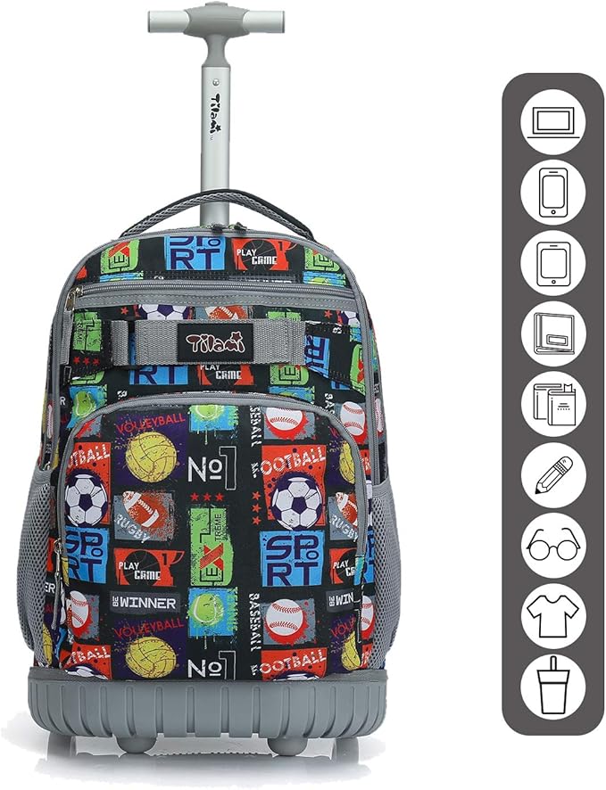 Tilami Rolling Backpack 19 inch with Lunch Bag Wheeled Laptop Backpack, Sport Balls